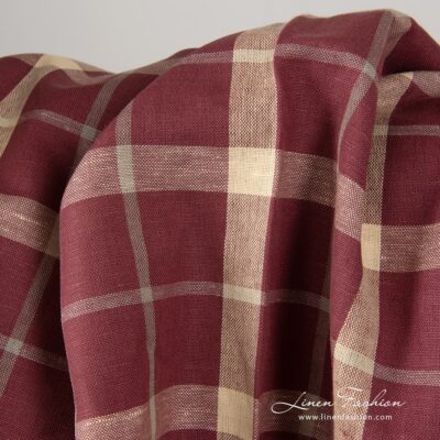 Linen cotton red fabric with cream checks 6 Red fabric with cream checks.