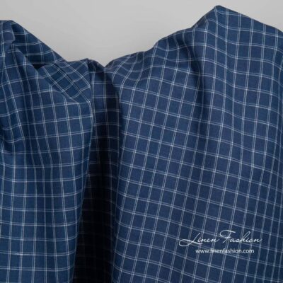 Linen cotton dark blue fabric with checks