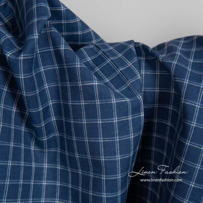 Linen cotton dark blue fabric with checks