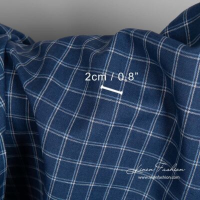 Linen cotton dark blue fabric with checks
