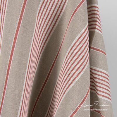 Grey linen cotton fabric in white and red stripes 5 Grey linen blend fabric with white, red stripes