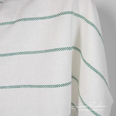 Linen cotton fabric off-white with green stripes