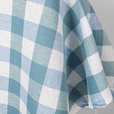 White and blue checks linen blend fabric