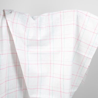 white linen fabric, pink checks