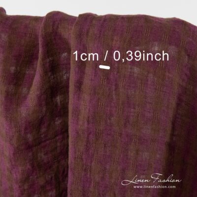 Linen fabric in brown and purple checks washed 8 Checked 100% linen fabric in purple and purple checks,