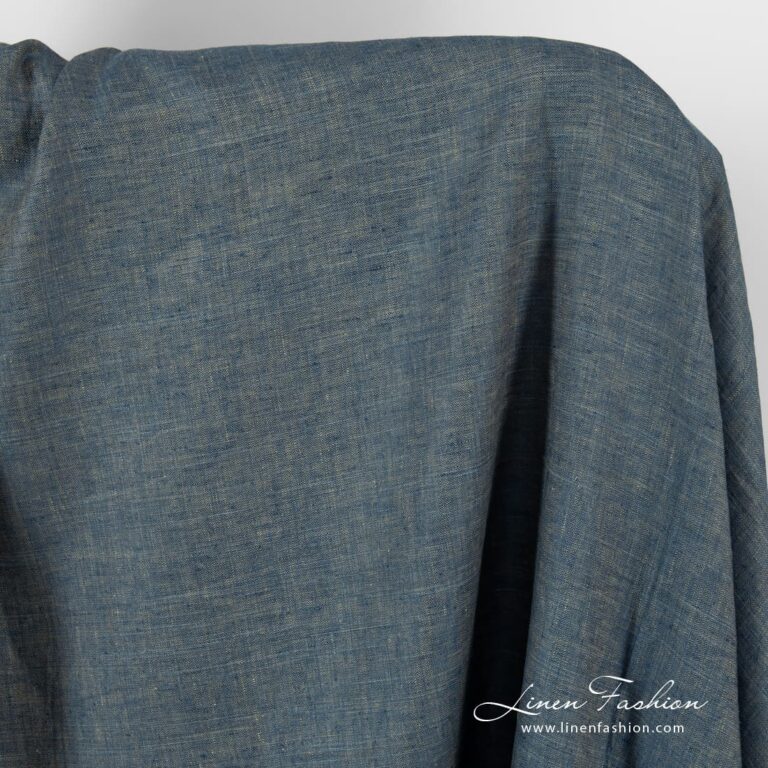 Herringbone linen fabric in olive green and dark blue