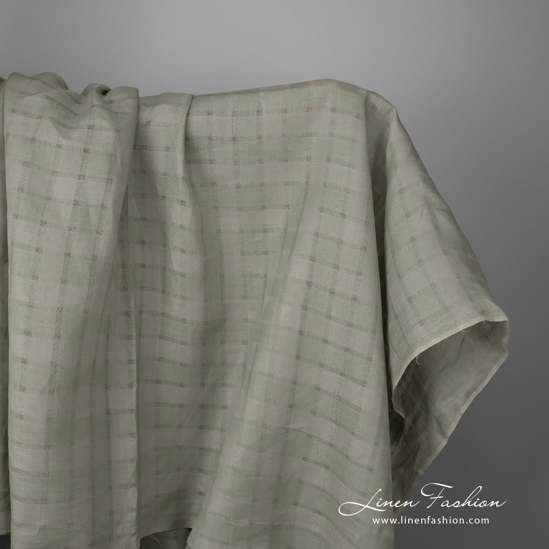 Linen fabric dusty green grey striped checks