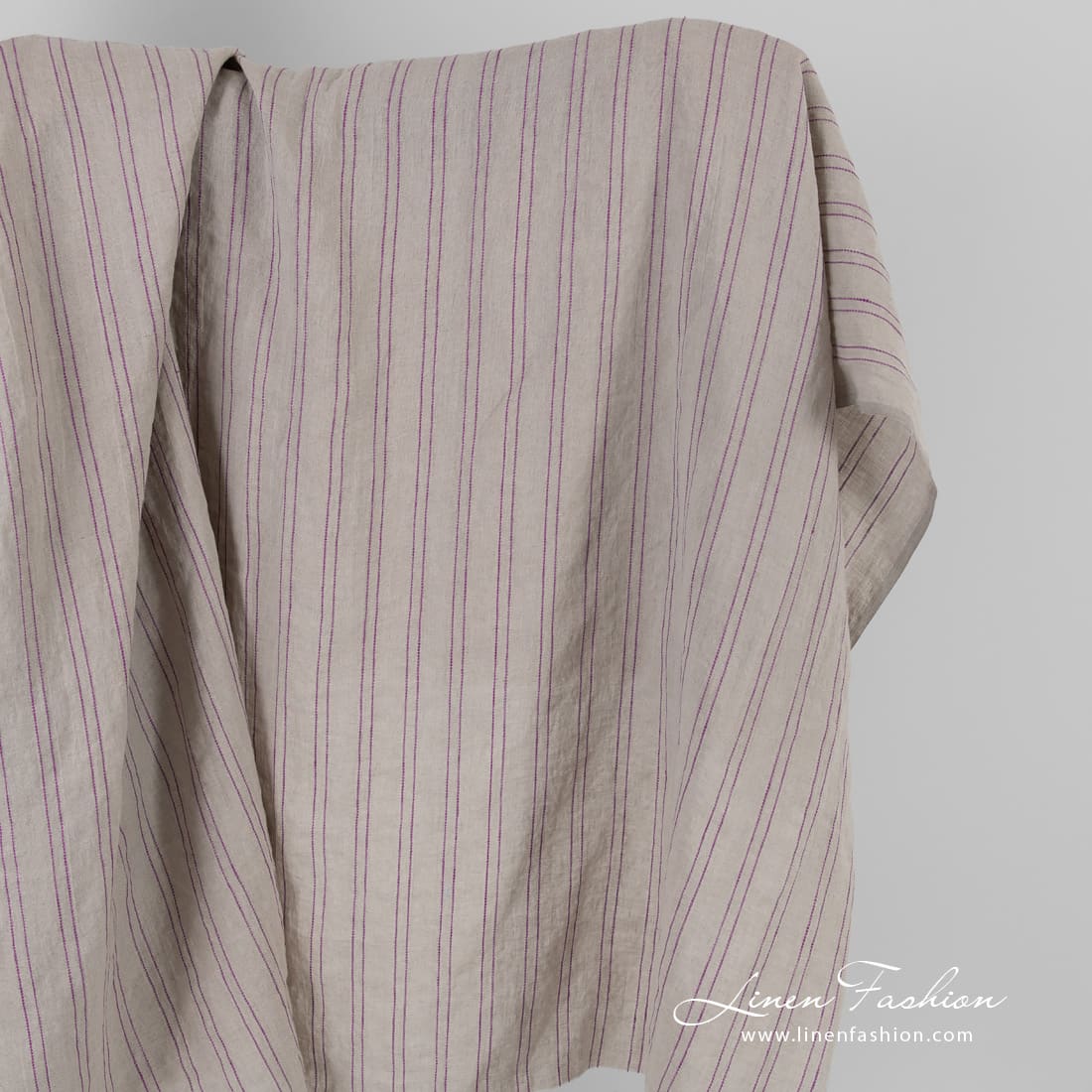 Natural color linen fabric in violet stripes