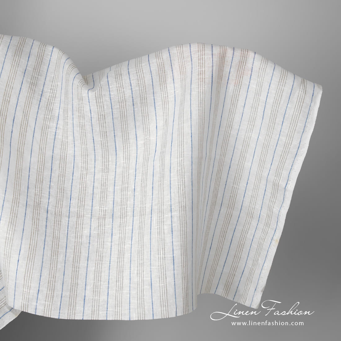 Linen fabric white with blue and grey stripes