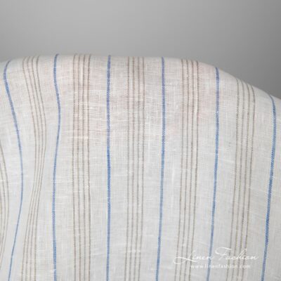 Linen fabric white with blue and grey stripes 7 Linen fabric white with blue and grey stripes close up detail