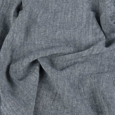 Black white linen fabric in herringbone pattern washed