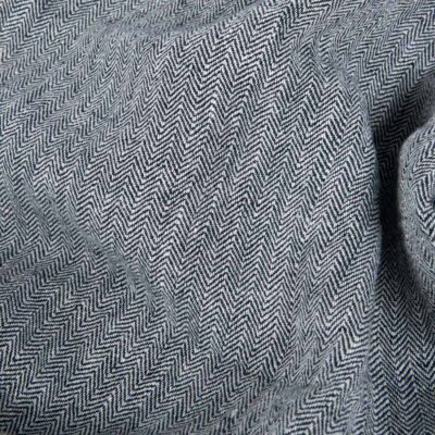 Black white linen fabric in herringbone pattern washed