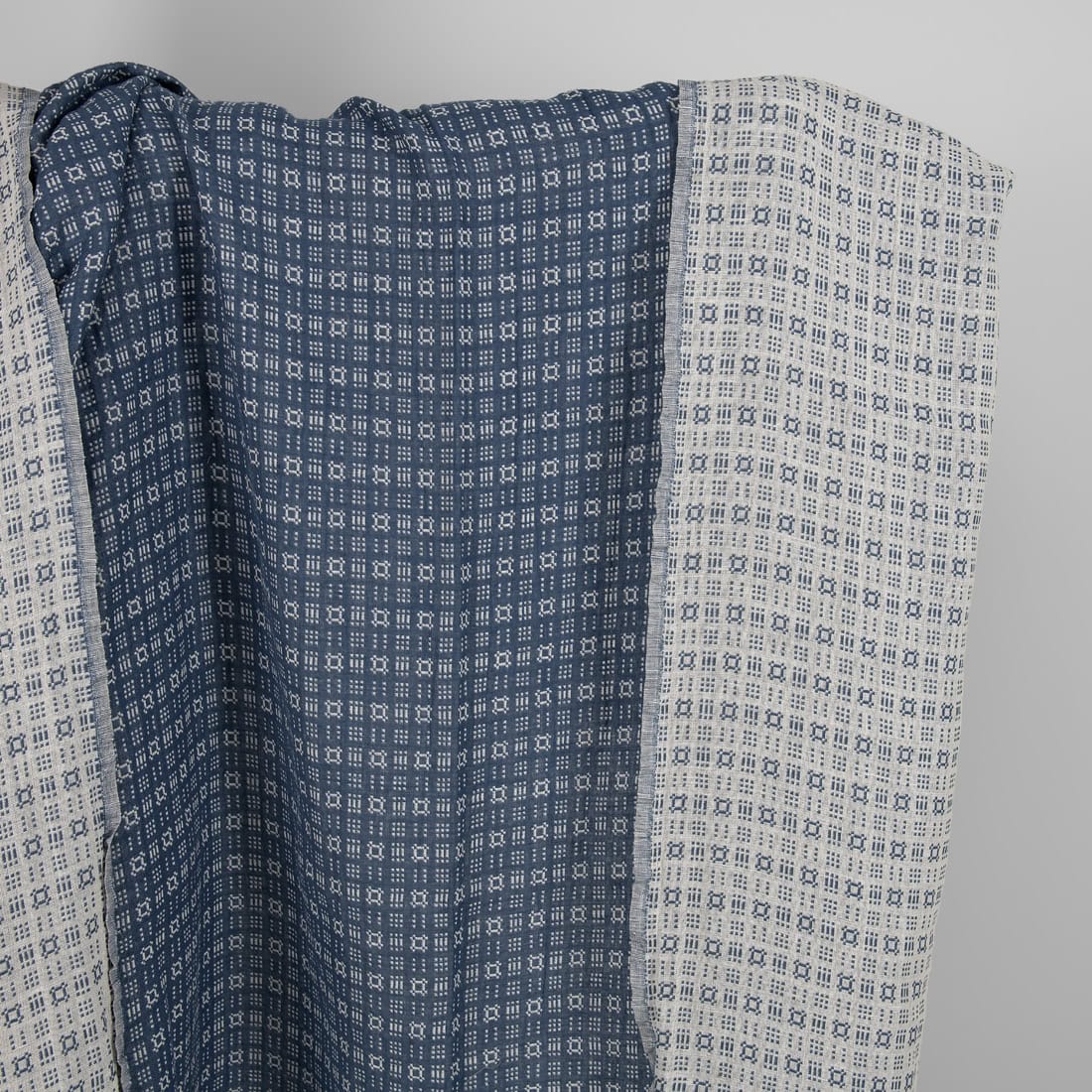 Washed linen cotton fabric off-white and blue pattern