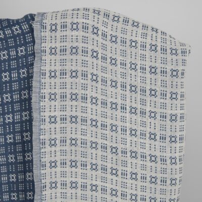 Washed linen cotton fabric off-white and blue pattern white side