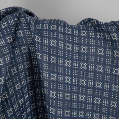 Washed linen cotton fabric off-white and blue pattern blue side