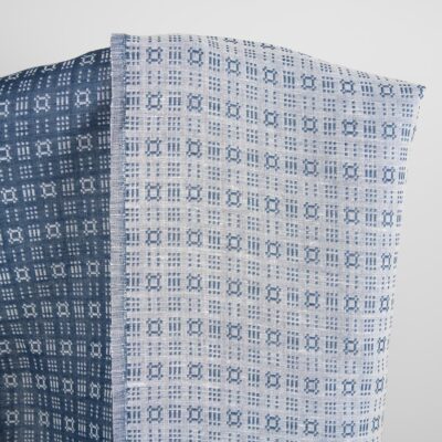 Linen cotton fabric white and dark blue geometric pattern, 150cm