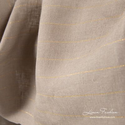 Gray linen fabric with golden stripes