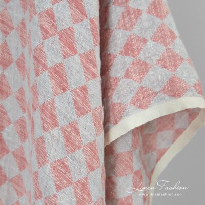 Linen cotton fabric in red rhombus washed 5 Washed linen cotton fabric.