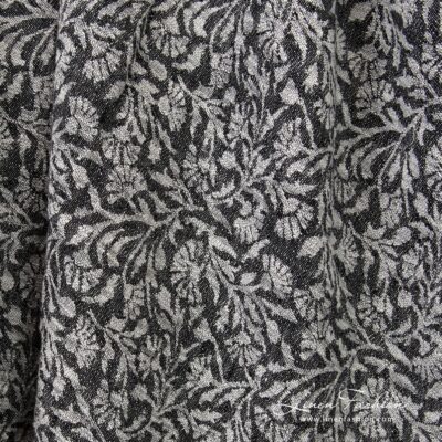 Black linen cotton jacquard fabric with flowery ornaments