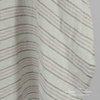 Green striped linen fabric in waffle pattern washed 8 Green striped linen fabric in waffle pattern, specially washed to increase softness