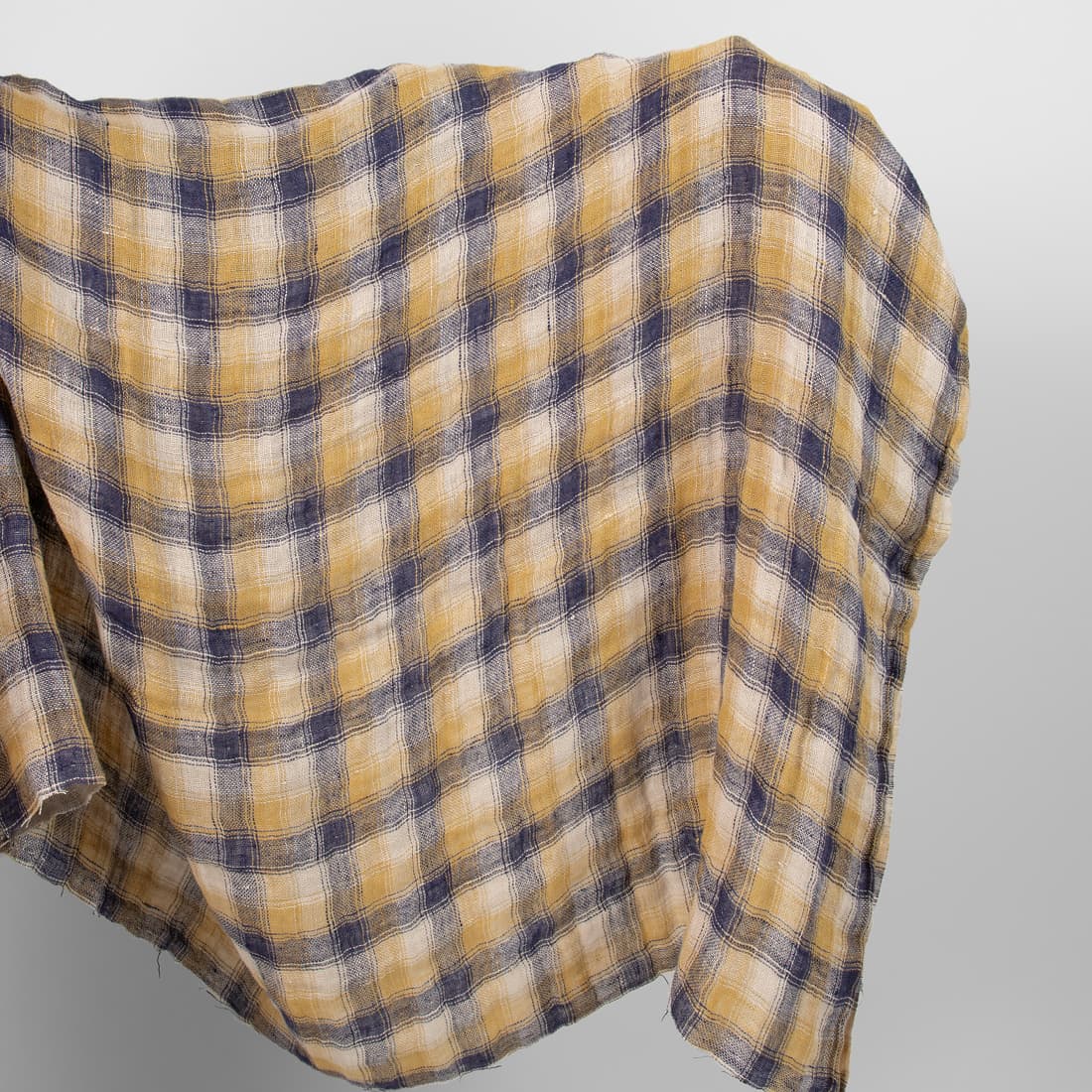 Washed linen fabric blue yellow checks double-sided