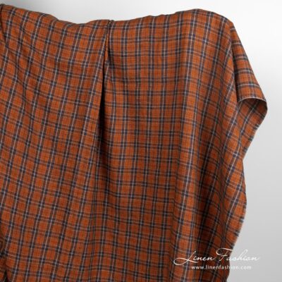 Orange linen wool fabric in checks washed 5 Orange linen wool fabric in checks