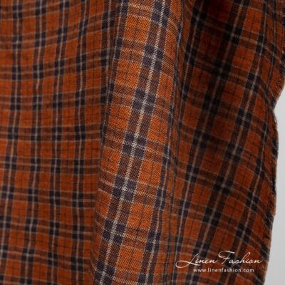 Orange linen wool fabric in checks washed 7 Orange linen wool fabric in checks, perfect for clothes and home textile