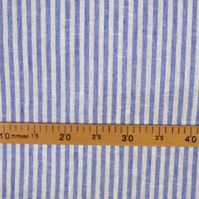Linen narrow off-white and blue striped fabric
