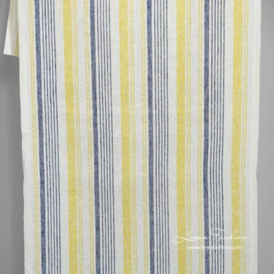 Narrow white linen fabric with blue and yellow stripes