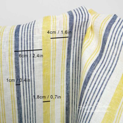Narrow white linen fabric with blue and yellow stripes