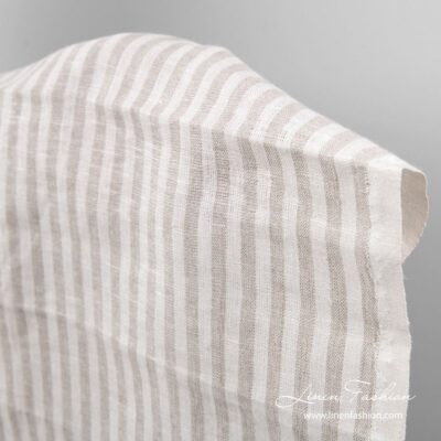 Linen fabric for tea towels in white and flax color stripes