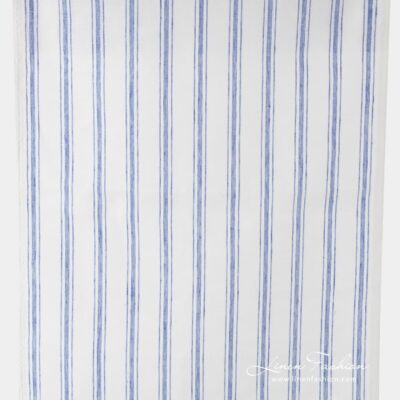 Off white narrow fabric with blue stripes.
