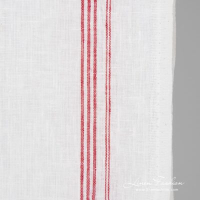 White linen fabric in crimson stripes