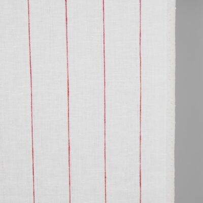 Narrow linen fabric white with thin red stripes close up detail