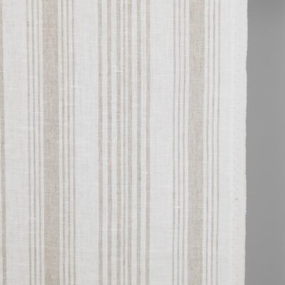 Narrow linen fabric white with natural colour stripes close up detail