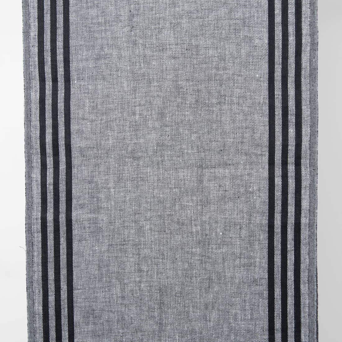 Narrow linen fabric grey with black stripes on sides