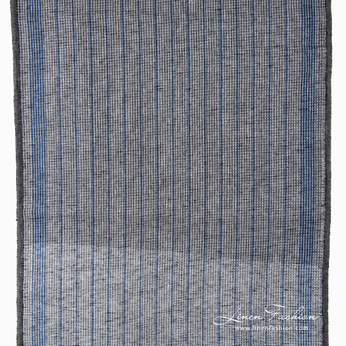 Narrow black linen fabric with blue stripes.
