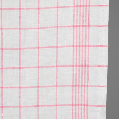 Narrow linen fabric bright white with pink checks close up detail