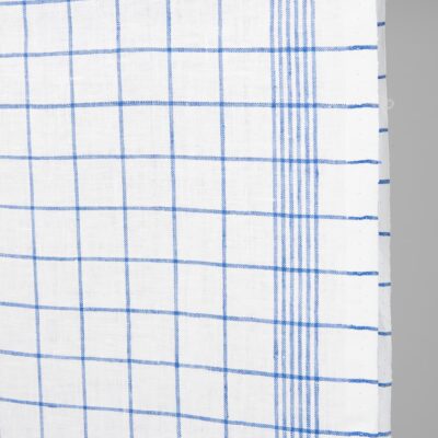 Narrow linen fabric bright white with blue checks edge
