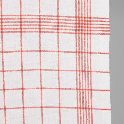 Narrow linen fabric bright white with red checks close up detail