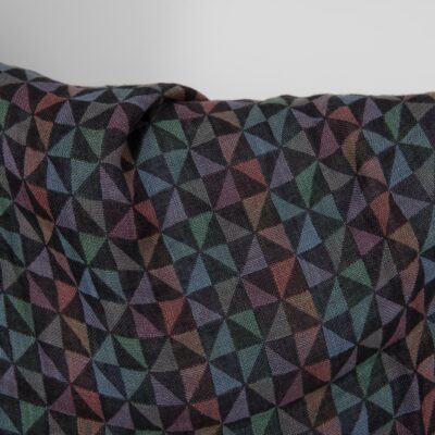 Washed linen fabric black with multicolour triangles 7 Washed linen fabric black with multicolour triangles close up detail