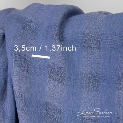 Blue linen fabric in checks washed 8 Blue linen fabric check size