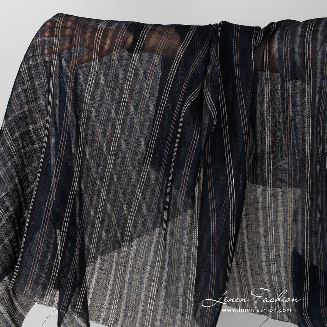 Transparent navy linen fabric, striped.