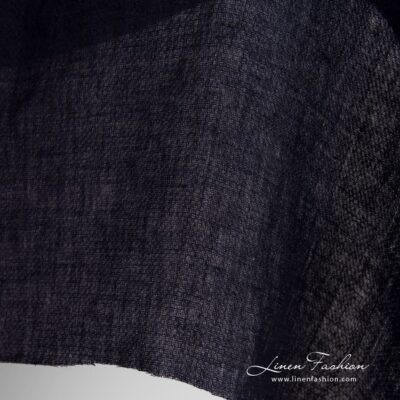 Dark blue linen fabric in dobby pattern, specially washed