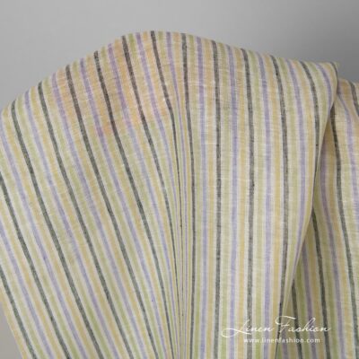 Linen fabric in yellow, blue, green stripes 5 Linen fabric in yellow blue green stripes.