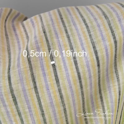 Linen fabric in yellow, blue, green stripes 8 Yellow blue green striped linen fabric.