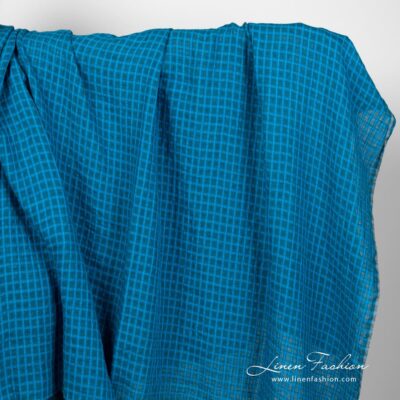 Linen fabric in turquoise and blue checks