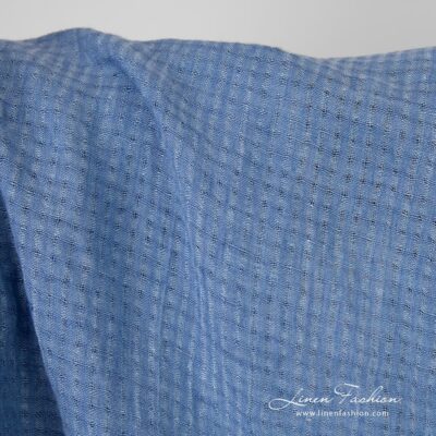 Washed blue open weave checked linen fabric 8 Blue openweave linen fabric in tiny transparent checks, washed fabric