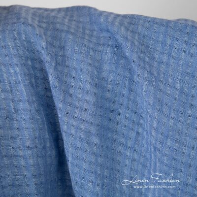 Washed blue open weave checked linen fabric 6 Blue openweave linen fabric in tiny checks