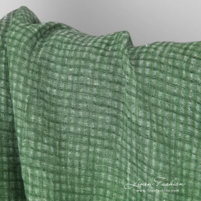 Washed green open weave checked linen fabric 6 Green openweave linen fabric with checks